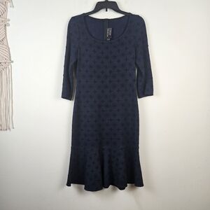 St John Jacquard Knit Black Navy Dress Half sleeve Scoop Neck Flare A Line 4